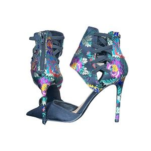 Floral Lace Up High Heel Cut Out Pumps